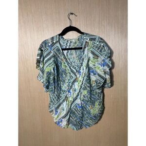 Maeve Anthropologie Mixed Print Floral Paisley Pintuck V-Neck Flutter Blouse 2